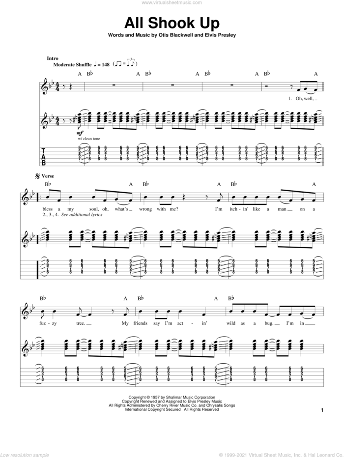 All Shook Up sheet music for guitar (tablature, play-along) by Elvis Presley and Otis Blackwell, intermediate skill level
