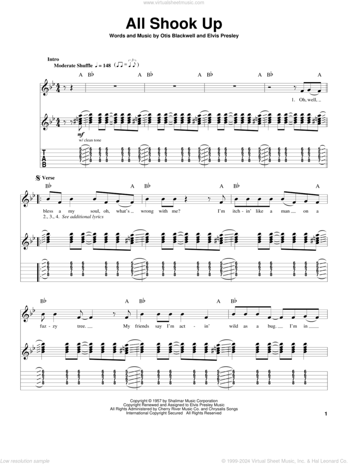 All Shook Up sheet music for guitar (tablature, play-along) by Elvis Presley and Otis Blackwell, intermediate skill level