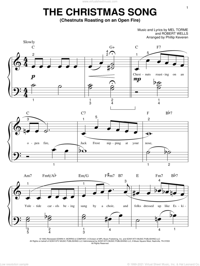 The Christmas Song (Chestnuts Roasting On An Open Fire) (arr. Phillip Keveren) sheet music for piano solo (big note book) by Mel Torme and Phillip Keveren, easy piano (big note book)