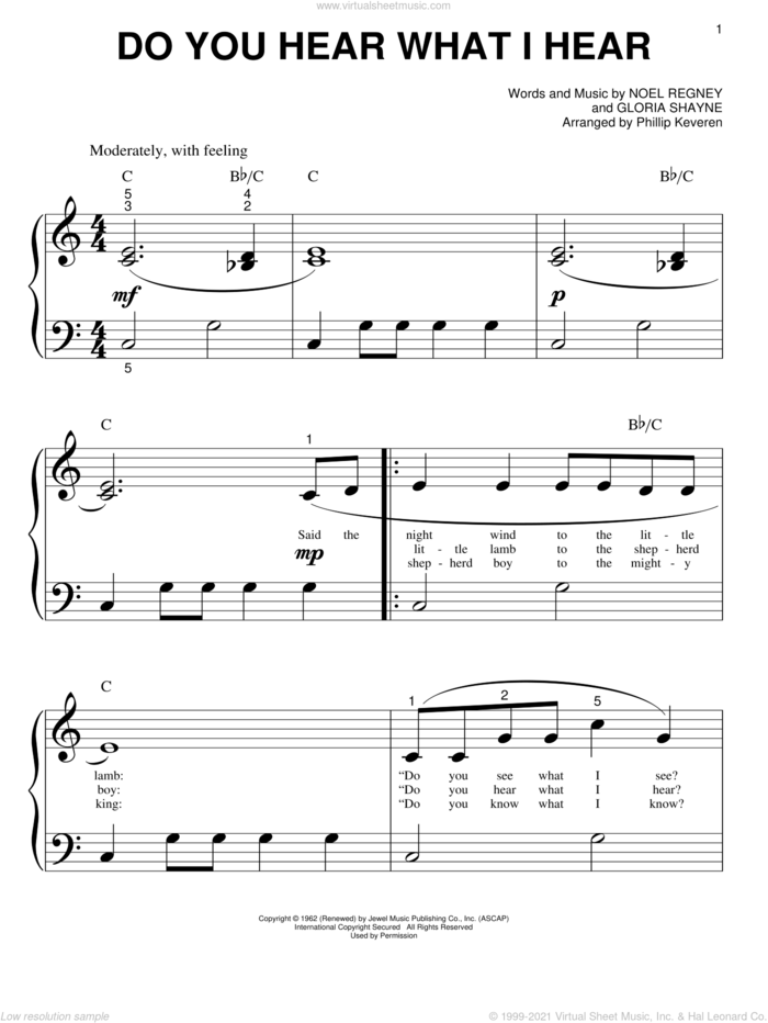 Do You Hear What I Hear (arr. Phillip Keveren) sheet music for piano solo (big note book) by Gloria Shayne, Phillip Keveren and Noel Regney, easy piano (big note book)
