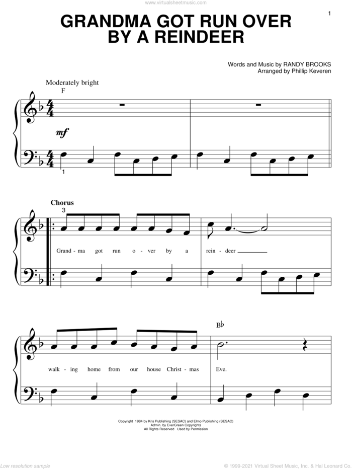 Grandma Got Run Over By A Reindeer (arr. Phillip Keveren) sheet music for piano solo (big note book) by Randy Brooks and Phillip Keveren, easy piano (big note book)