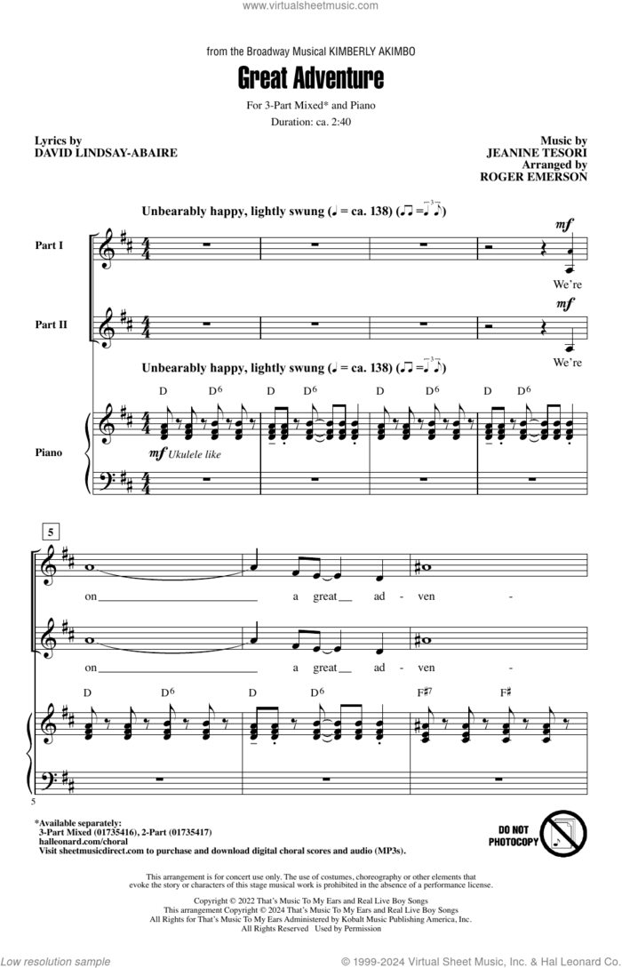 Great Adventure (from Kimberkly Akimbo) (arr. Roger Emerson) sheet music for choir (3-Part Mixed) by David Lindsay-Abaire and Jeanine Tesori, Roger Emerson, David Lindsay-Abaire and Jeanine Tesori, intermediate skill level