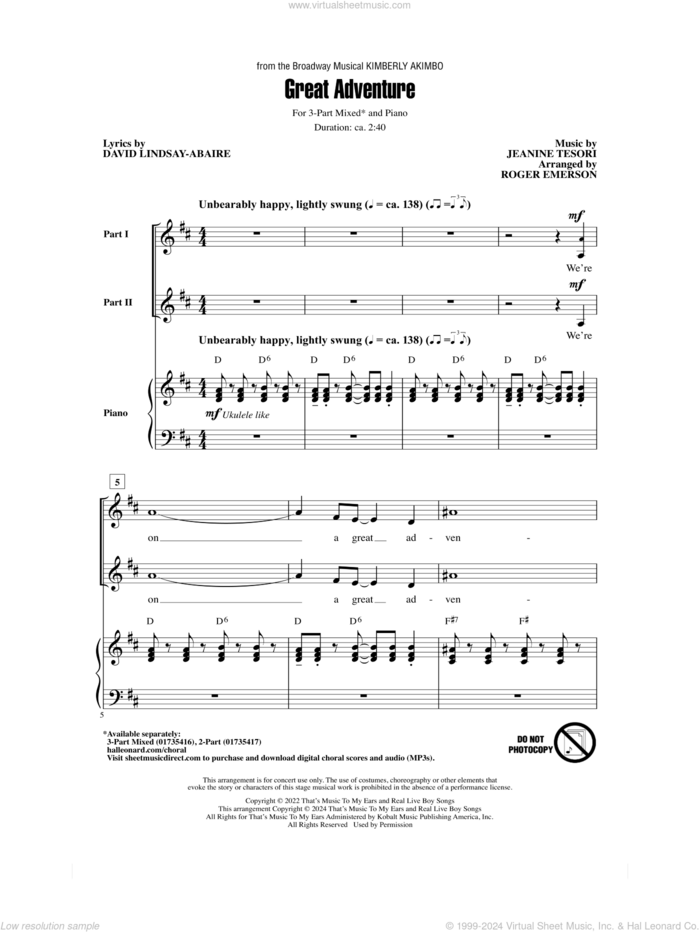 Great Adventure (from Kimberly Akimbo) (arr. Roger Emerson) sheet music for choir (3-Part Mixed) by David Lindsay-Abaire and Jeanine Tesori, Roger Emerson, David Lindsay-Abaire and Jeanine Tesori, intermediate skill level