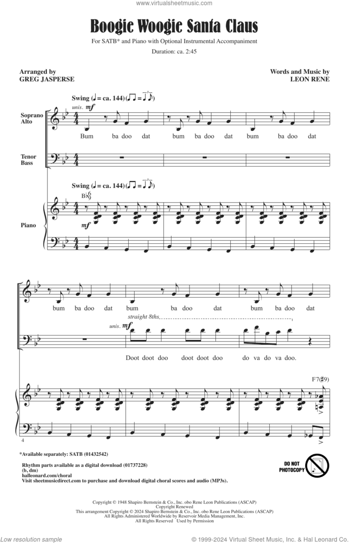 Boogie Woogie Santa Claus (arr. Greg Jasperse) sheet music for choir (SATB: soprano, alto, tenor, bass) by Patti Page, Greg Jasperse and Leon Rene, intermediate skill level