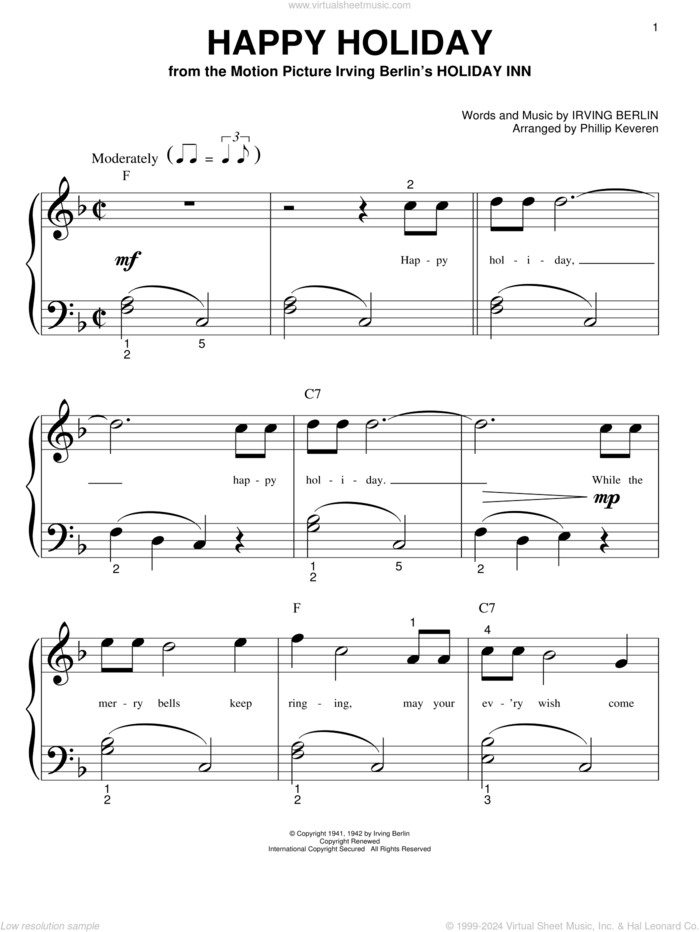 Happy Holiday (arr. Phillip Keveren) sheet music for piano solo (big note book) by Irving Berlin and Phillip Keveren, easy piano (big note book)