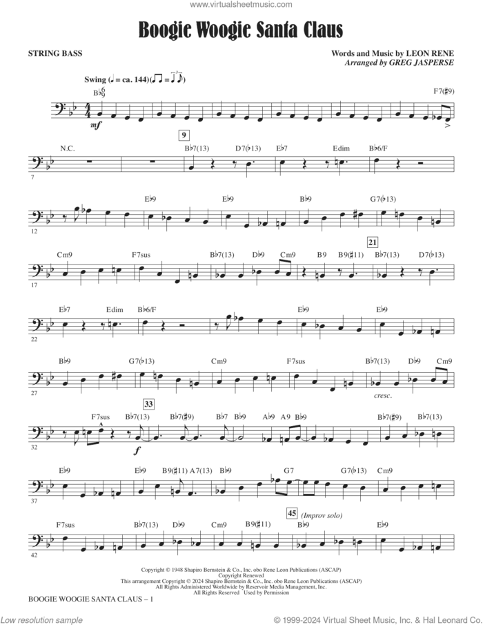 Boogie Woogie Santa Claus (arr. Greg Jasperse) (complete set of parts) sheet music for orchestra/band (Rhythm) by Patti Page, Greg Jasperse and Leon Rene, intermediate skill level