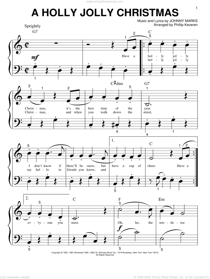 A Holly Jolly Christmas (arr. Phillip Keveren) sheet music for piano solo (big note book) by Johnny Marks and Phillip Keveren, easy piano (big note book)