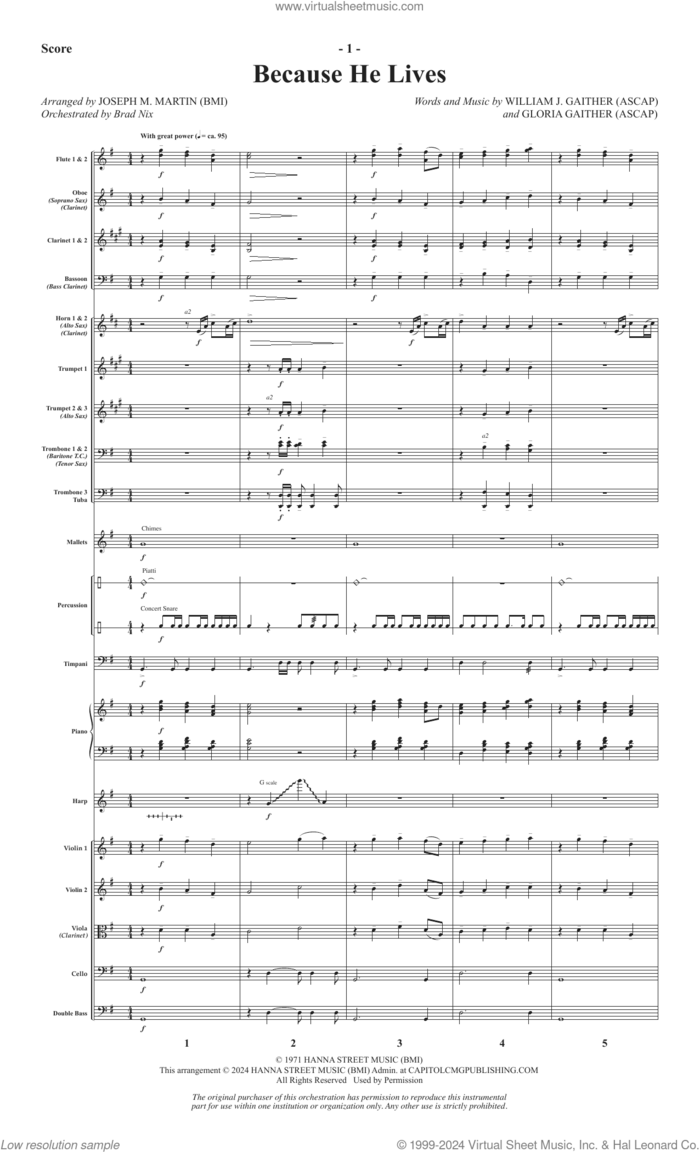 Because He Lives (arr. Joseph M. Martin) (COMPLETE) sheet music for orchestra/band (Orchestra) by Joseph M. Martin, Bill & Gloria Gaither, Gloria Gaither and William J. Gaither, intermediate skill level