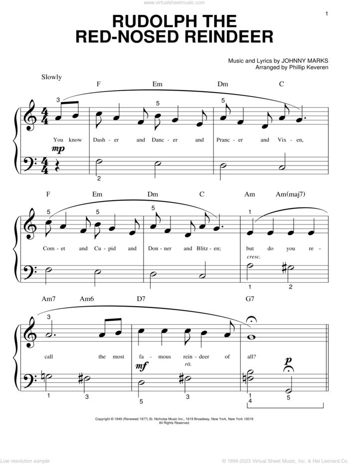 Rudolph The Red-Nosed Reindeer (arr. Phillip Keveren) sheet music for piano solo (big note book) by Johnny Marks and Phillip Keveren, easy piano (big note book)