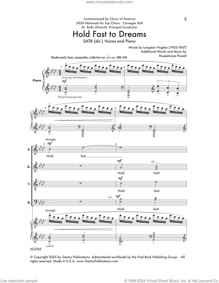 Hold Fast to Dreams sheet music for choir (SATB: soprano, alto, tenor, bass) by Rosephanye Powell and Langston Hughes, intermediate skill level