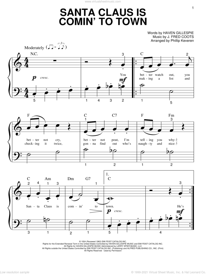 Santa Claus Is Comin' To Town (arr. Phillip Keveren) sheet music for piano solo (big note book) by J. Fred Coots, Phillip Keveren and Haven Gillespie, easy piano (big note book)