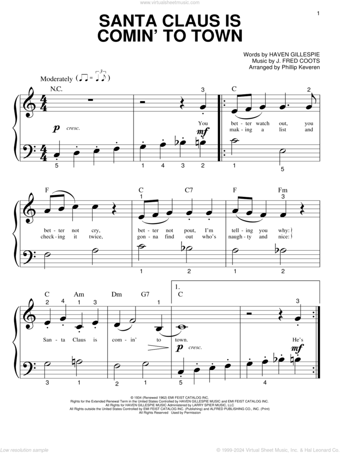 Santa Claus Is Comin' To Town (arr. Phillip Keveren) sheet music for piano solo (big note book) by J. Fred Coots, Phillip Keveren and Haven Gillespie, easy piano (big note book)