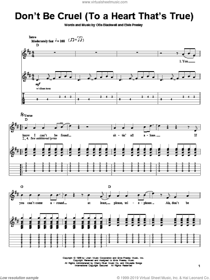 Don't Be Cruel (To A Heart That's True) sheet music for guitar (tablature, play-along) by Elvis Presley and Otis Blackwell, intermediate skill level
