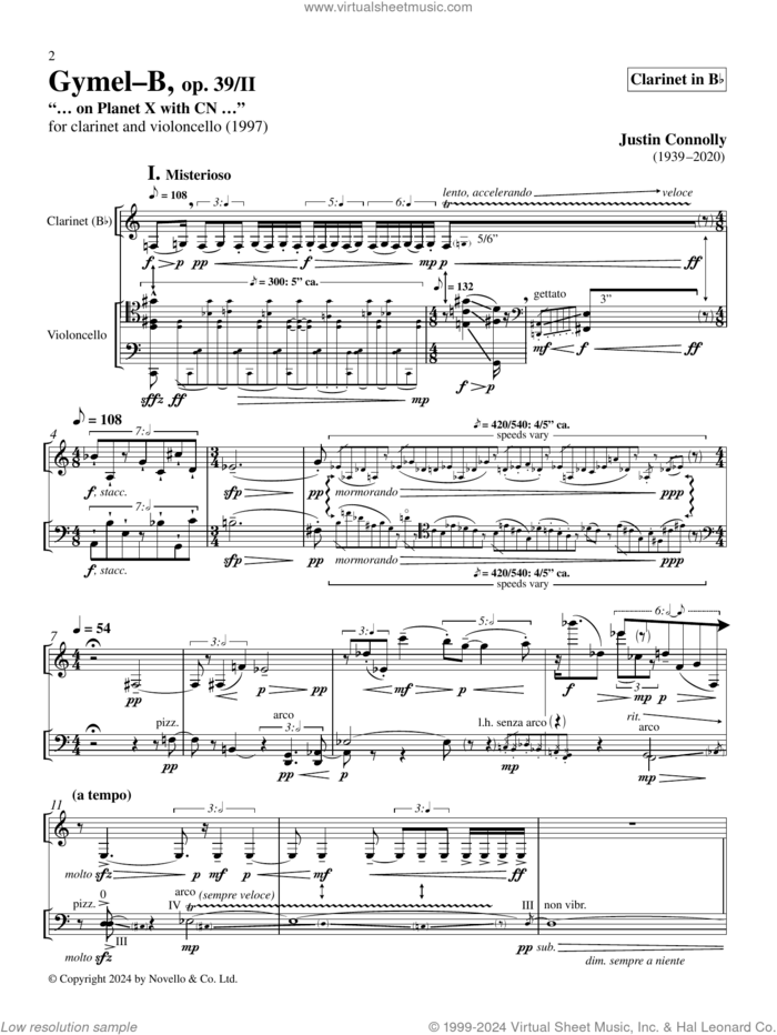 Gymel-B (complete set of parts) sheet music for clarinet and cello by Justin Connolly, classical score, intermediate skill level