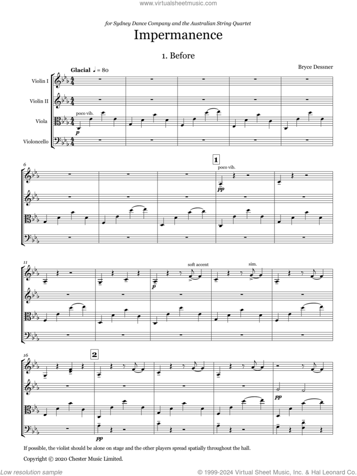 Impermanence (COMPLETE) sheet music for string quartet (violin, viola, cello) by Bryce Dessner, classical score, intermediate skill level