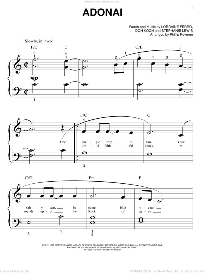 Adonai (arr. Phillip Keveren) sheet music for piano solo (big note book) by Avalon, Phillip Keveren, Don Koch, Lorraine Ferro and Stephanie Lewis, easy piano (big note book)