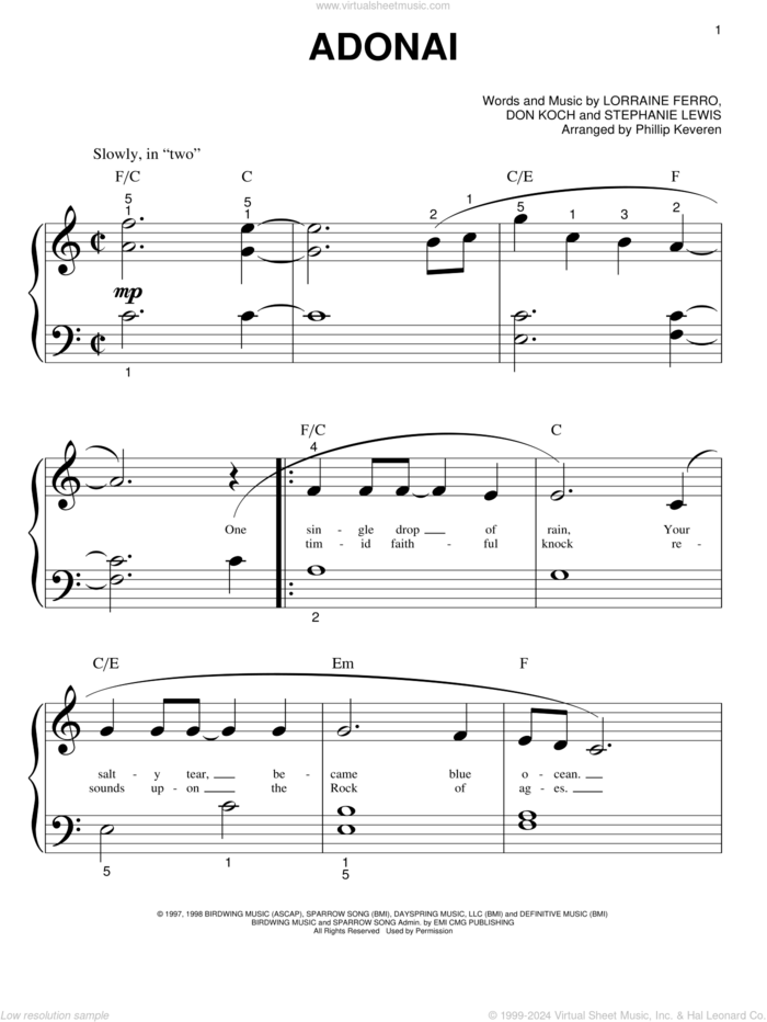 Adonai (arr. Phillip Keveren) sheet music for piano solo (big note book) by Avalon, Phillip Keveren, Don Koch, Lorraine Ferro and Stephanie Lewis, easy piano (big note book)