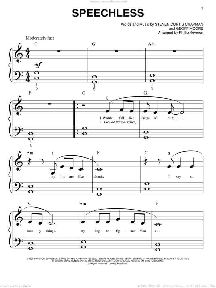 Speechless (arr. Phillip Keveren) sheet music for piano solo (big note book) by Steven Curtis Chapman, Phillip Keveren and Geoff Moore, easy piano (big note book)