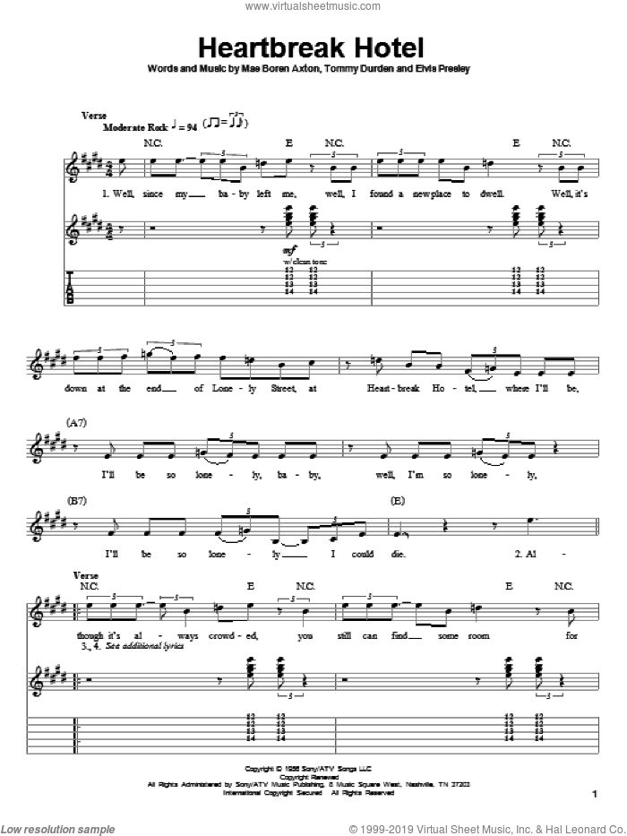 Heartbreak Hotel sheet music for guitar (tablature, play-along) by Elvis Presley, Mae Boren Axton and Tommy Durden, intermediate skill level