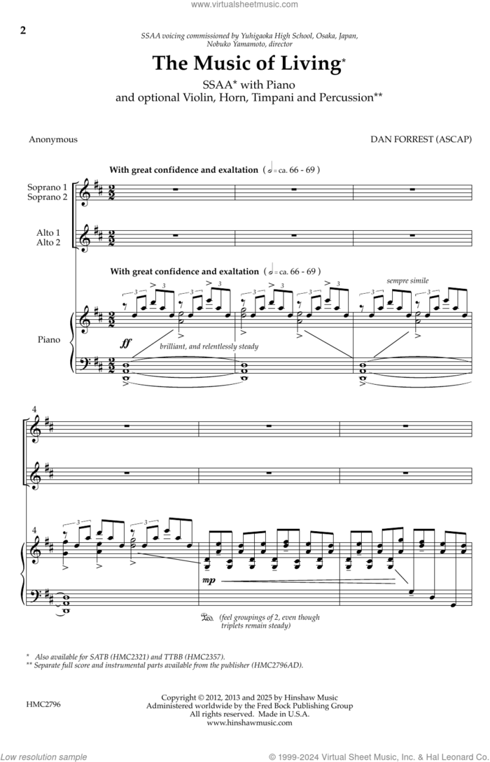 The Music Of Living sheet music for choir (SSAA: soprano, alto) by Dan Forrest, intermediate skill level