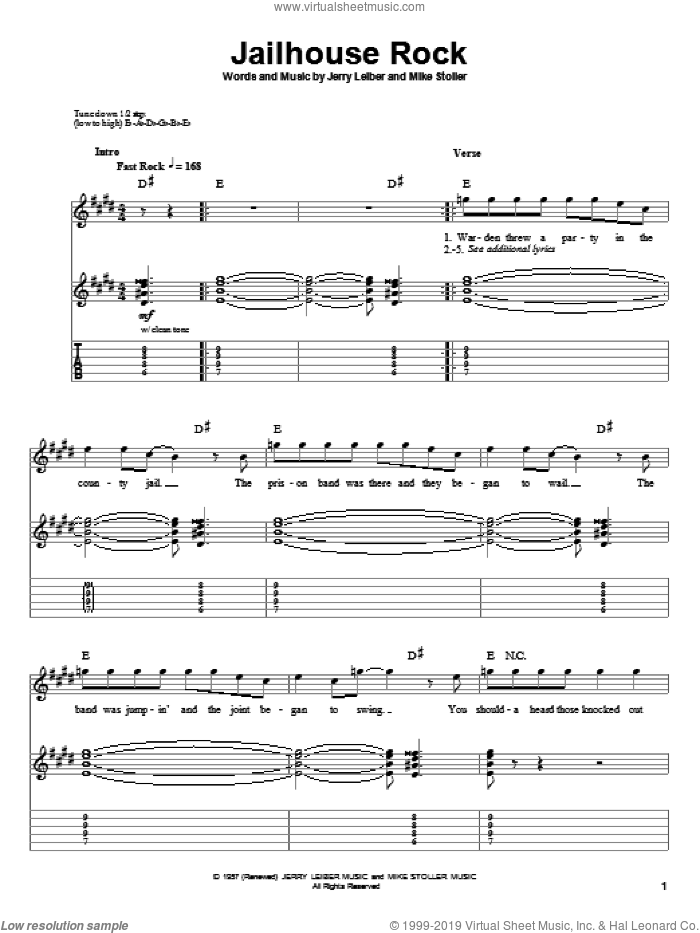 Jailhouse Rock sheet music for guitar (tablature, play-along) by Elvis Presley, Leiber & Stoller, Jerry Leiber and Mike Stoller, intermediate skill level