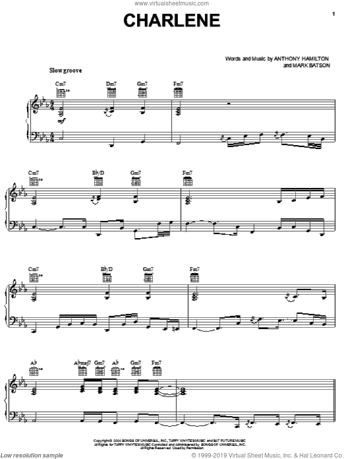 Charlene sheet music for voice, piano or guitar by Anthony Hamilton and Mark Batson, intermediate skill level