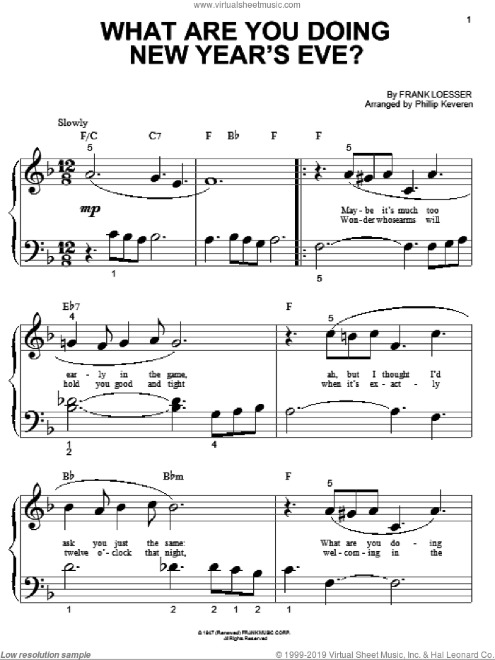 What Are You Doing New Year's Eve? (arr. Phillip Keveren) sheet music for piano solo (big note book) by Frank Loesser and Phillip Keveren, easy piano (big note book)