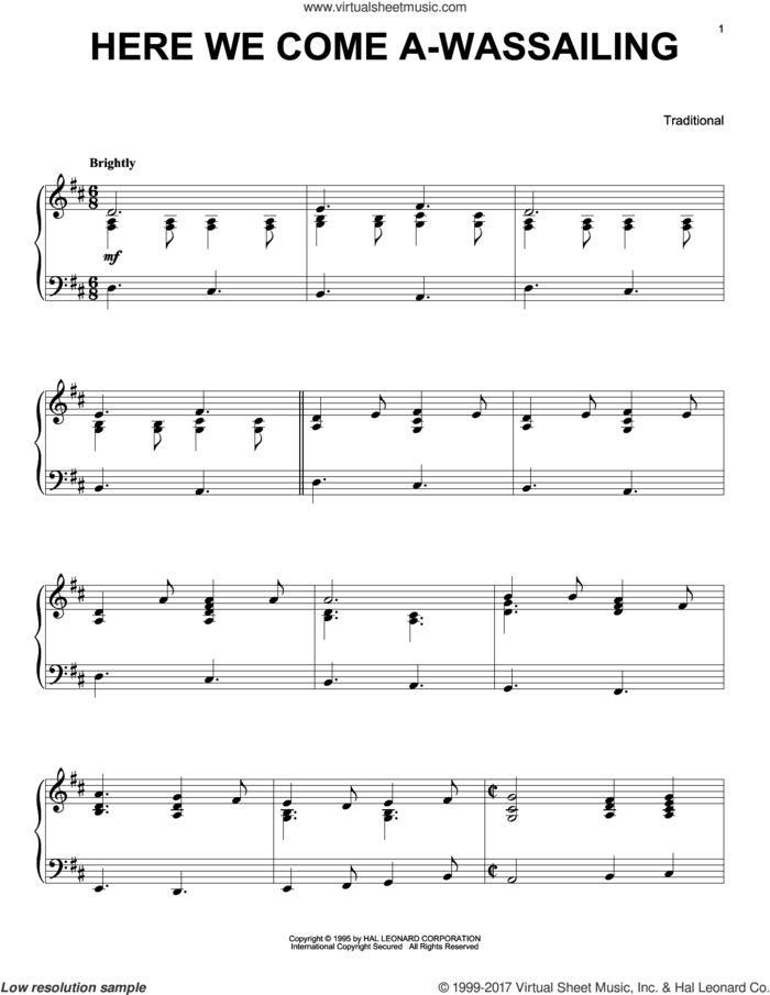 Here We Come A-Wassailing sheet music for piano solo, intermediate skill level