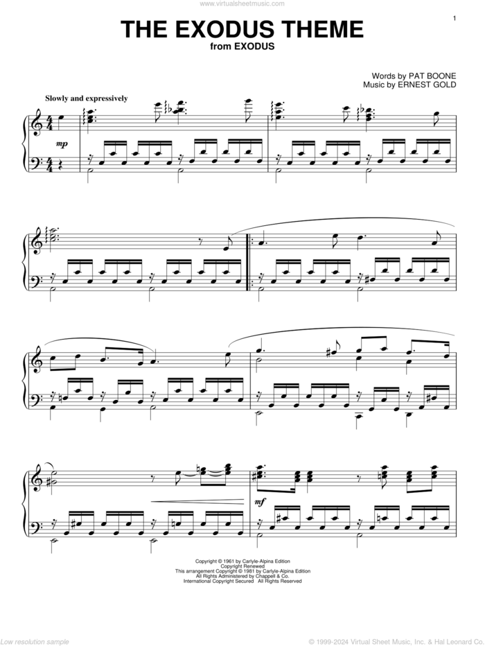 The Exodus Song, (intermediate) sheet music for piano solo by Pat Boone and Ernest Gold, intermediate skill level