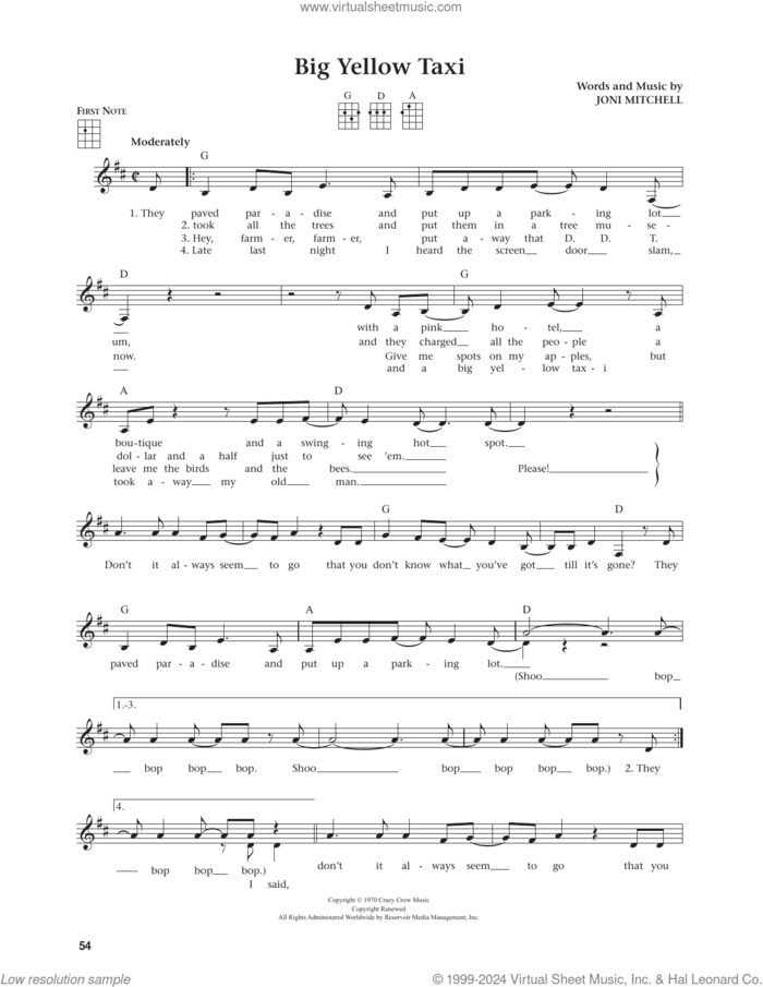 Big Yellow Taxi (from The Daily Ukulele) (arr. Jim Beloff) sheet music for ukulele by Joni Mitchell and Jim Beloff, intermediate skill level