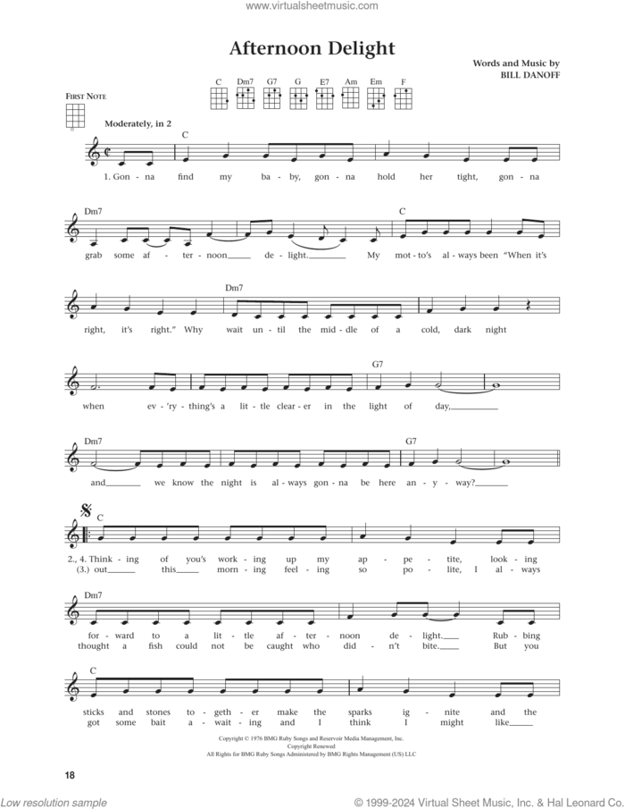 Afternoon Delight (from The Daily Ukulele) (arr. Jim Beloff) sheet music for ukulele by Starland Vocal Band, Jim Beloff and Bill Danoff, intermediate skill level