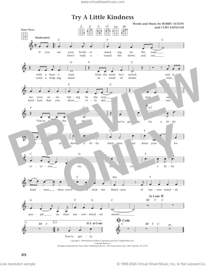 Try A Little Kindness (from The Daily Ukulele) (arr. Jim Beloff) sheet music for ukulele by Glen Campbell, Jim Beloff, Bobby Austin and Curt Sapaugh, intermediate skill level