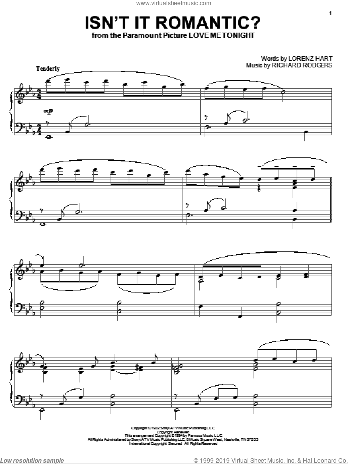 Isn't It Romantic? sheet music for piano solo by Rodgers & Hart, Lorenz Hart and Richard Rodgers, intermediate skill level