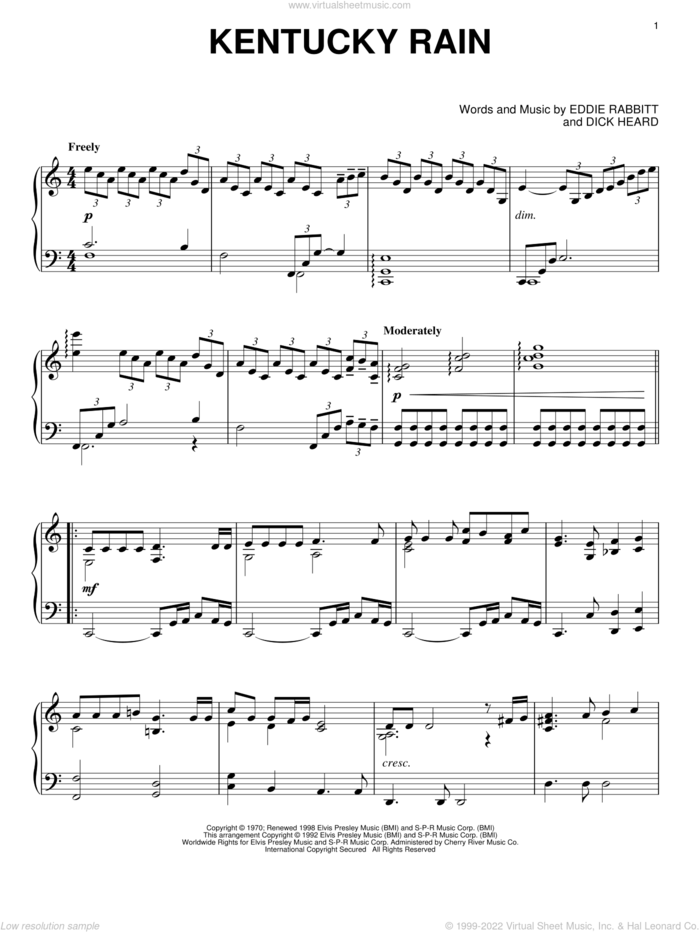 Kentucky Rain, (intermediate) sheet music for piano solo by Elvis Presley, Dick Heard and Eddie Rabbitt, intermediate skill level