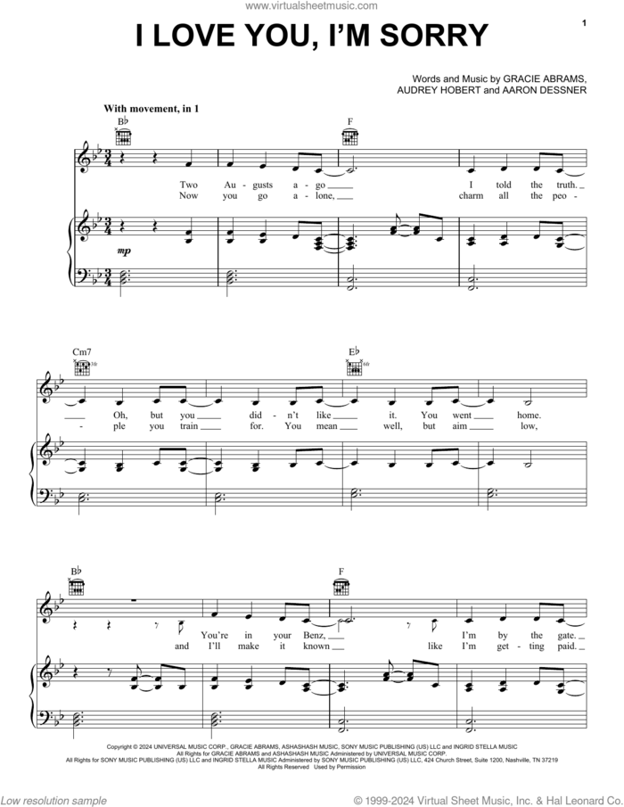 I Love You, I'm Sorry sheet music for voice, piano or guitar by Gracie Abrams, Aaron Dessner and Audrey Hobert, intermediate skill level