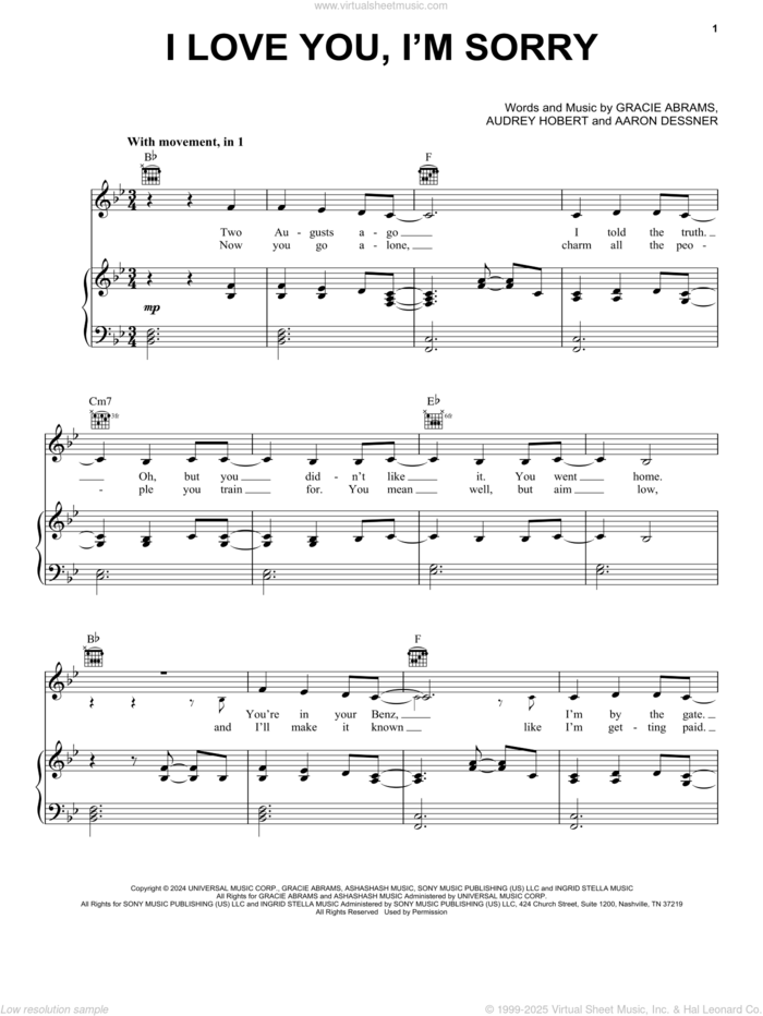 I Love You, I'm Sorry sheet music for voice, piano or guitar by Gracie Abrams, Aaron Dessner and Audrey Hobert, intermediate skill level