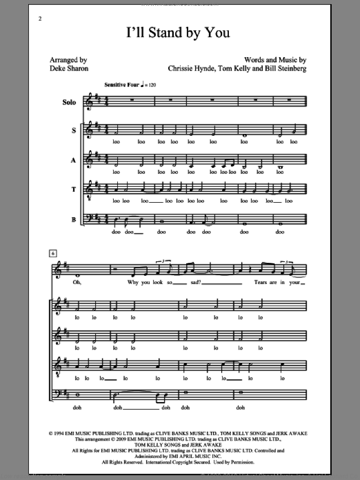 I'll Stand By You sheet music for choir (SATB: soprano, alto, tenor, bass) by Billy Steinberg, Chrissie Hynde, Tom Kelly, Deke Sharon and The Pretenders, intermediate skill level