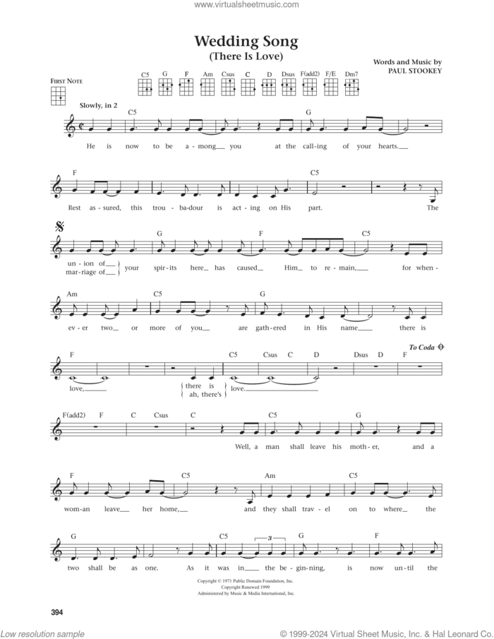 Wedding Song (There Is Love) (from The Daily Ukulele) (arr. Jim Beloff) sheet music for ukulele by Paul Stookey and Jim Beloff, wedding score, intermediate skill level