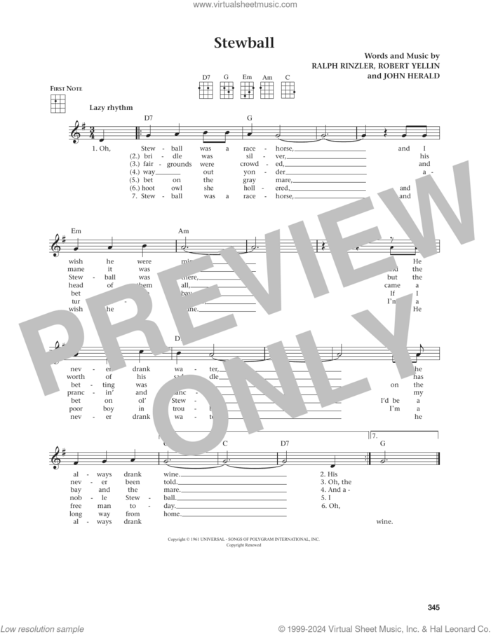 Stewball (from The Daily Ukulele) (arr. Jim Beloff) sheet music for ukulele by Peter, Paul & Mary, Jim Beloff, John Herald, Ralph Rinzler and Robert Yellin, intermediate skill level