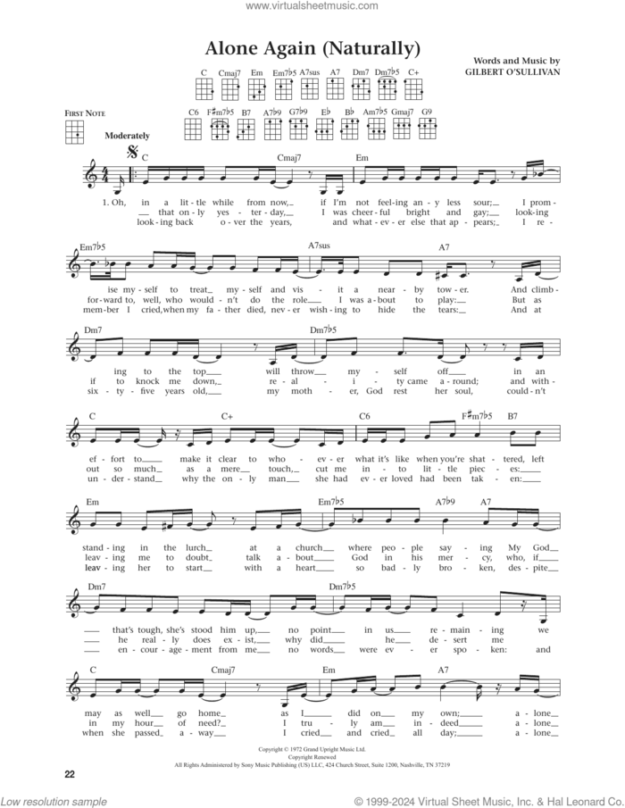 Alone Again (Naturally) (from The Daily Ukulele) (arr. Jim Beloff) sheet music for ukulele by Gilbert O'Sullivan and Jim Beloff, intermediate skill level