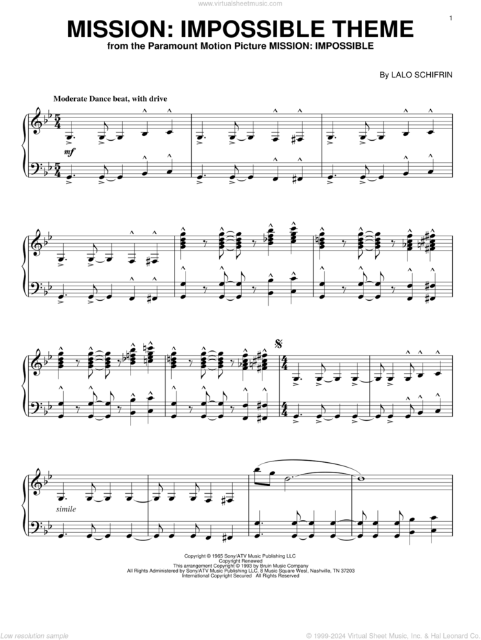 Mission: Impossible Theme, (intermediate) sheet music for piano solo by Lalo Schifrin, intermediate skill level