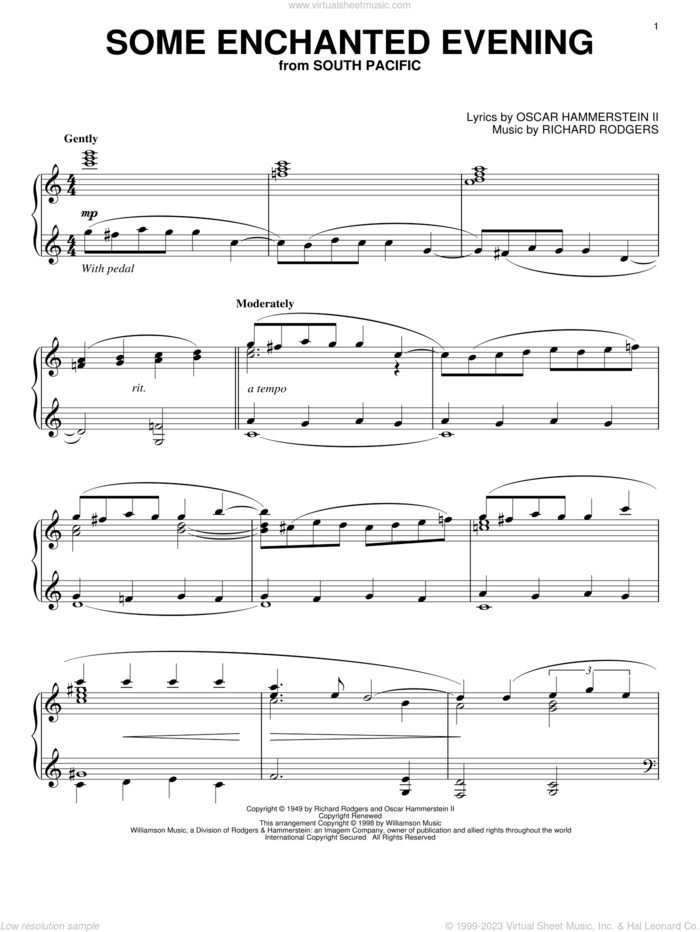 Some Enchanted Evening sheet music for piano solo by Rodgers & Hammerstein, South Pacific (Musical), Oscar II Hammerstein and Richard Rodgers, intermediate skill level