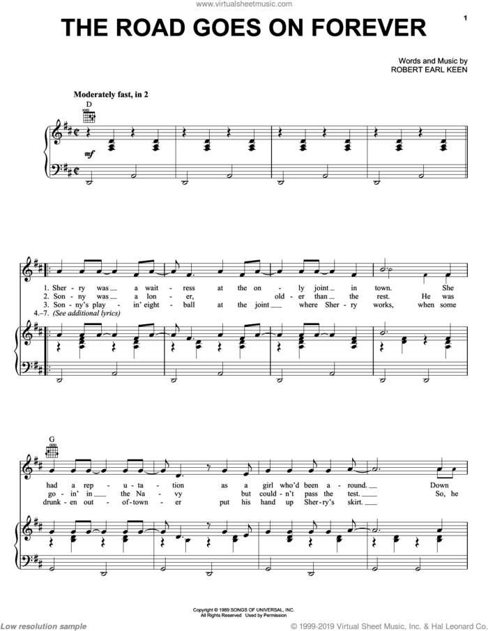 The Road Goes On Forever sheet music for voice, piano or guitar by Robert Earl Keen, intermediate skill level