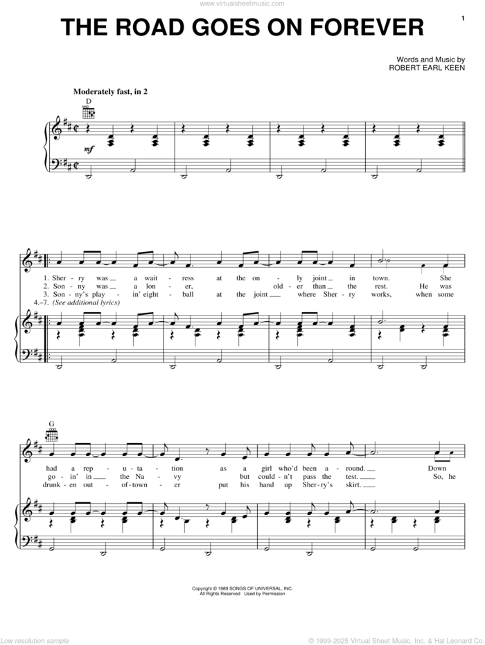 The Road Goes On Forever sheet music for voice, piano or guitar by Robert Earl Keen, intermediate skill level