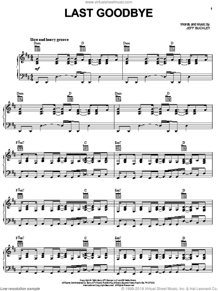 Last Goodbye sheet music for voice, piano or guitar by Jeff Buckley, intermediate skill level