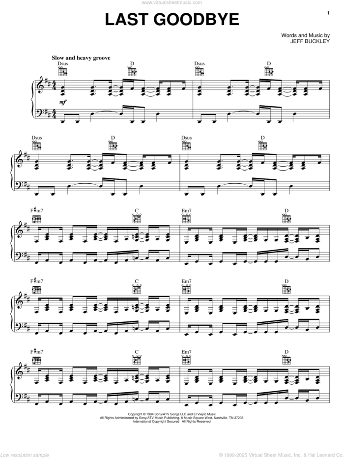 Last Goodbye sheet music for voice, piano or guitar by Jeff Buckley, intermediate skill level