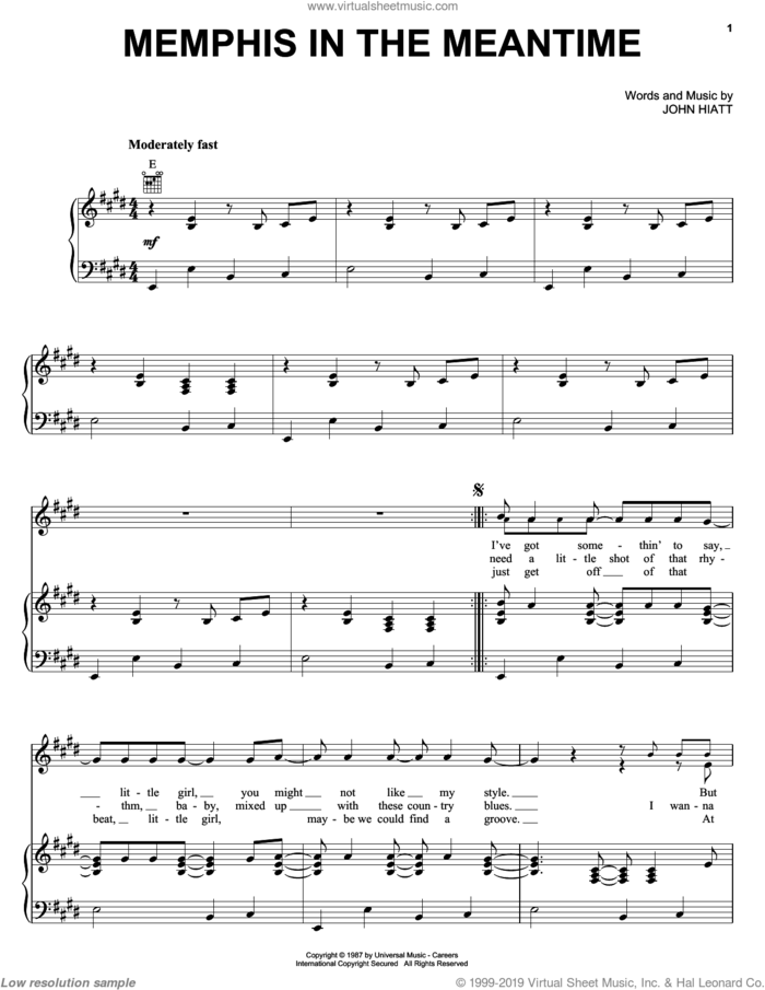 Memphis In The Meantime sheet music for voice, piano or guitar by John Hiatt, intermediate skill level