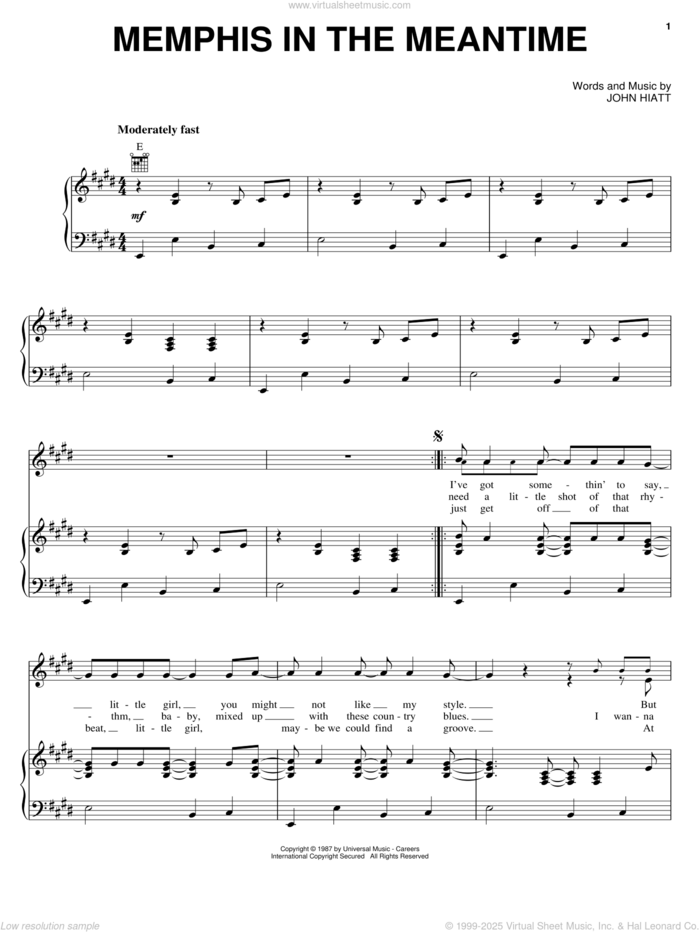 Memphis In The Meantime sheet music for voice, piano or guitar by John Hiatt, intermediate skill level