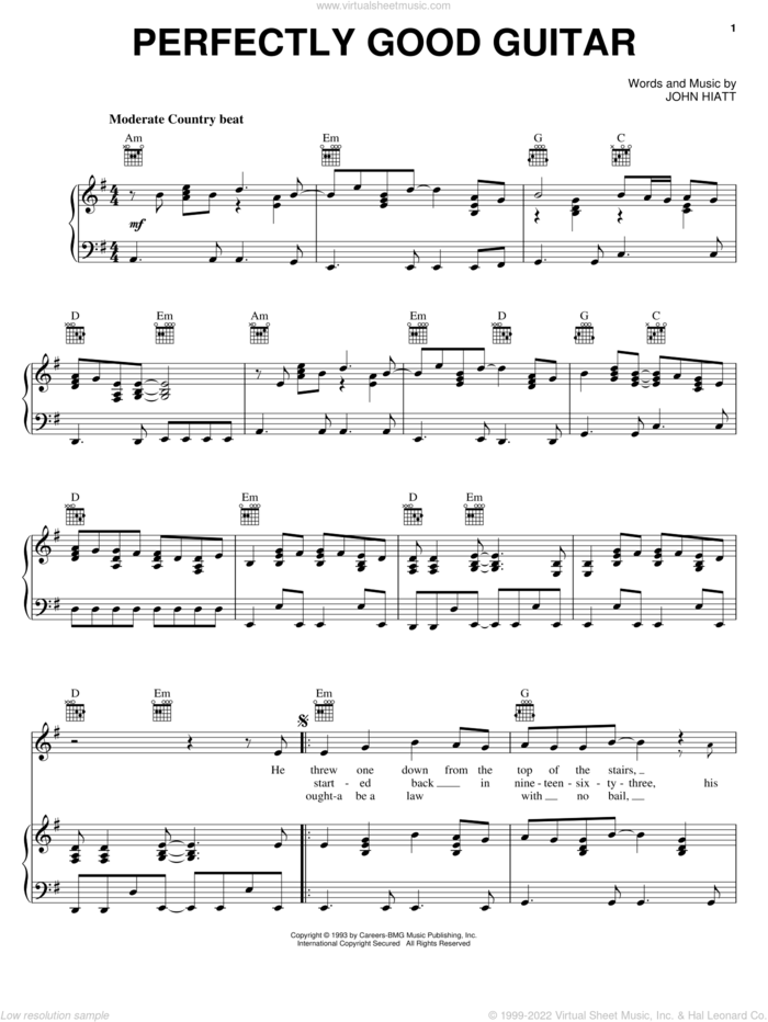 Perfectly Good Guitar sheet music for voice, piano or guitar by John Hiatt, intermediate skill level
