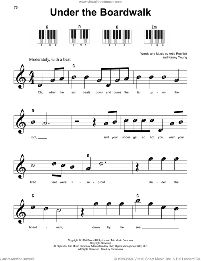 Under The Boardwalk sheet music for piano solo by The Drifters, Artie Resnick and Kenny Young, beginner skill level